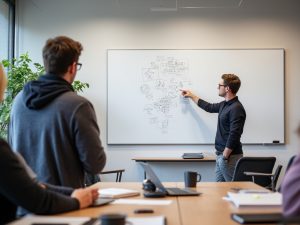 person pointing at whiteboard